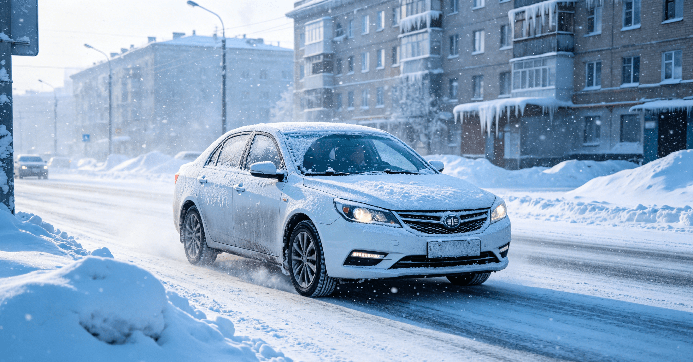 Chinese sedan driving through snowy Russian city streets in winter