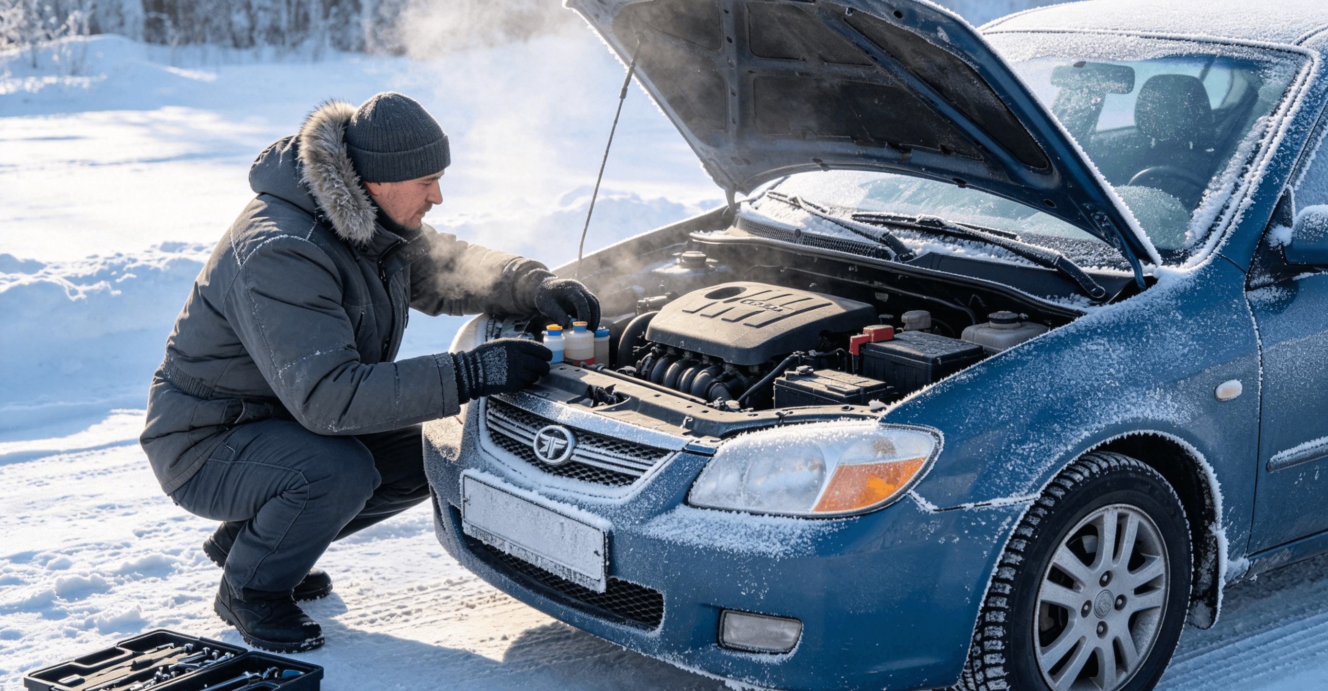 Driver performing winter maintenance on a Chinese car engine in freezing conditions